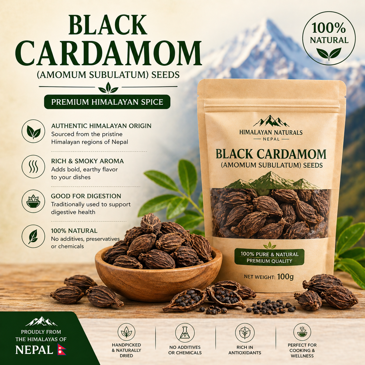 Black Cardamom (Amomum subulatum) Seeds 100g – Premium Himalayan Spice from Nepal