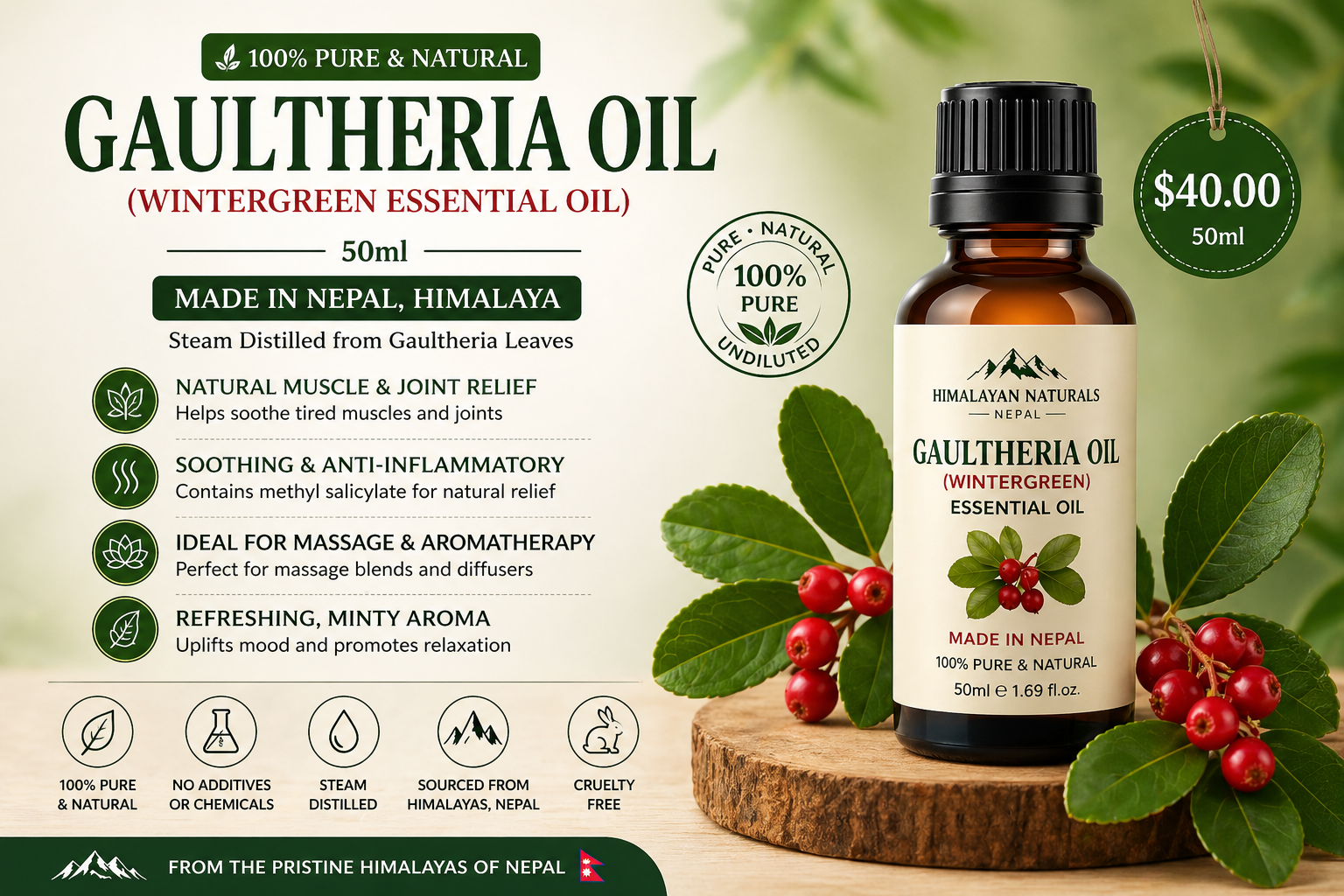 Gaultheria Oil (Wintergreen Essential Oil) 50ml – Pure Himalayan Oil from Nepal